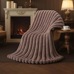 Amlie Home Faux Fur Throw Blanket for Couch, Cozy Fuzzy Fluffy Fur Luxurious Soft Striped Plush Gift Blankets for Family Sofa Chair Bedroom, 55"x70", Light Coffee