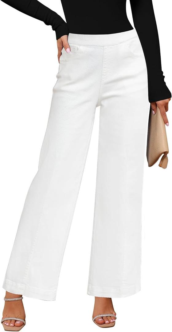 GRAPENT Pull On Womens Jeans Baggy Stretchy High Waisted Denim Wide Leg Trouser Pants Trendy Front Seam 90s Loose Jean (Large, Bright White)