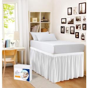 Dorm Bed Skirt Twin XL Size 42 inch Drop White Solid Bed Skirt Stylish Ruffled Pattern Split Corner Easy Fit Easy Care Fade & Wrinkle Resistant-Polycotton Made