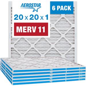 Aerostar 20x20x1 MERV 11 - 6 Count - Pleated HVAC, Furnace & Air Conditioner Filters - Removes Dust, Cold & Flu Germs, Lint, Mold, Pet Dander, Allergy-Causing Pollen, Smog & Smoke
