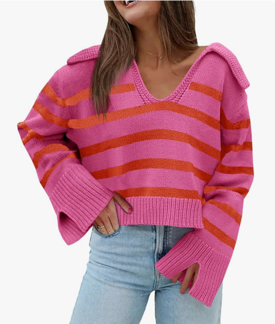 Saodimallsu Womens Striped Sweater V Neck Collared Fall Trendy Knitted Long Sleeve Loose Pullover Sweaters M