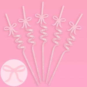 xo, Fetti Bow Reusable Pink Glitter Straw Set - 12 pc | Pretty Bachelorette Decorations, Bow Theme Birthday Party, Bridal Engagement Drinkware, Coquette Cute Supplies, Baby Shower Tableware, Tea Decor