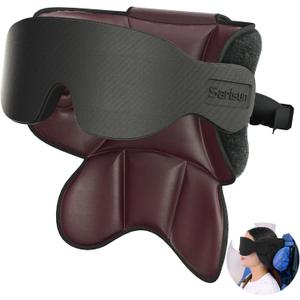 Travel Pillows for Airplanes, Neck Airplane Pillow with Eye Mask for Sleeping, 360 Support Headrest, Portable Travel Essentials, Adjustable Airplane Head Strap for Most Seat, Brown Red