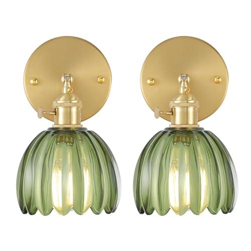 Shenmoyl Vintage Wall Sconces Set of 2 with Green Tulip Glass Lampshade 180 Degree Adjustable Brass Sconces Hradwired Modern Wall Lighting Fixture with Switch for Bedside Bedroom Doorway