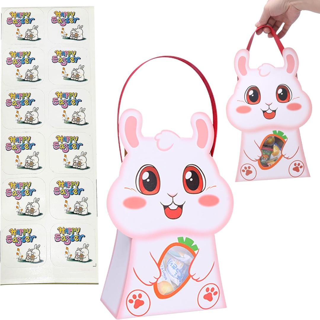CcXxming 30 PCS Easter Party Favor Bags with HandlesBunny-Shaped Treat Bags with Window & Stickers (Medium)Paper Goodie Boxes for Kids Egg Hunts (White)