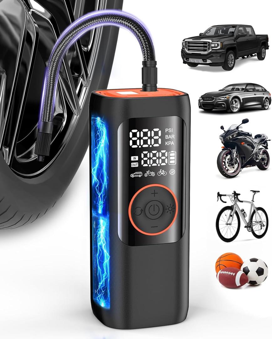 BDO 2025 Tire Inflator Portable Air Compressor, 150PSI Cordless Air Pump with LCD Display & Auto Shut-Off, for Car, Motorcycle, Bike Tires & Sports BallsBlack