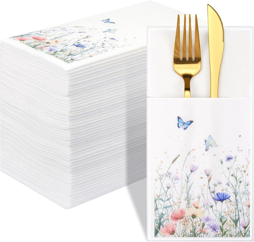 50 Pack Floral Napkins with Built-in Flatware Pocket, Guest Disposable Wild Flower Hand Towels Dinner Napkins for Wedding Birthday Party Baby Shower