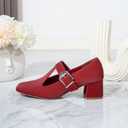 T-Strap Mary Jane Pumps Square Closed Toe Block Chunky Heels Work Wedding Party Ladies Shoes, Red, Size 9