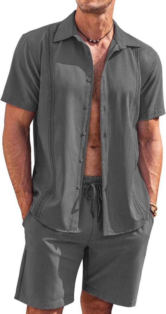 COOFANDY Men's 2 Piece Short Set Cuban Guayabera Shirts Short Sleeve Casual Beach Outfits Set (M)