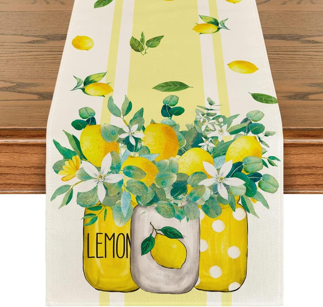 Artoid Mode Yellow Stripes Vase Lemon Summer Table Runner, Spring Kitchen Dining Table Decoration for Home Party Decor 13x72 Inch