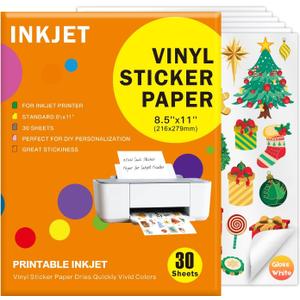 30 Sheets Premium Printable Vinyl Sticker, Vinyl Glossy White Waterproof Sticker, Suitable for Inkjet Printers, Dries Quickly, Vivid Colors, Tear Resistant, 8.5x11" Great for Cutting Machines