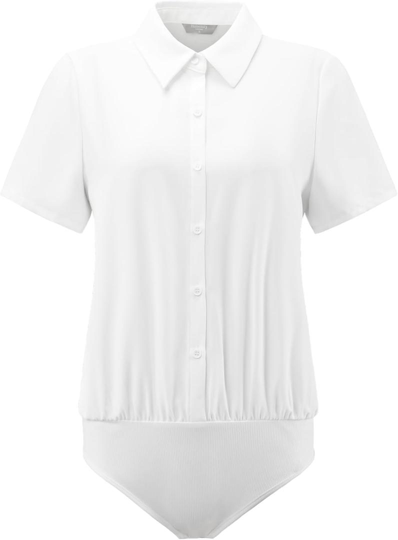 Hobemty Women's Button Down Bodysuit Collared Short Sleeve Business Office Leotard Shirt Top, Large 