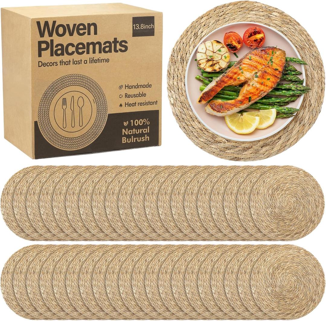 40 Pieces Round Woven Placemats 13.8 Inch Boho Rattan Placemats Farmhouse Braided Place Mats Woven Plate Chargers Rustic Wicker Table Mats for Dining Table