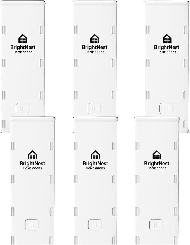 6 Pack Adjustable Drawer Dividers (10.817.9)  Expandable Slide-Lock Plastic Drawer Organizer for Clothes, Kitchen, Bathroom & Office  Tool-Free White Drawer Separators