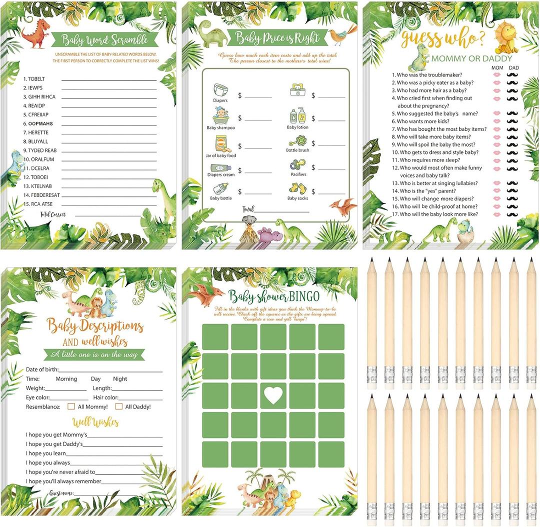 Yinder 145 Pcs Dinosaur Baby Shower Games Girl or Boy Activities Cards Baby Bingo Description and Wishes Guess Who Mommy or Daddy Price is Right Word Scramble Game