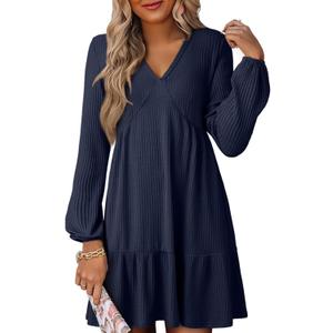Dokotoo Fall Dresses for Women 2025 Long Sleeve V Neck Lightweight Ribbed Knit Empire Waist Casual A Line Swing Mini Dress (Medium, Blue)