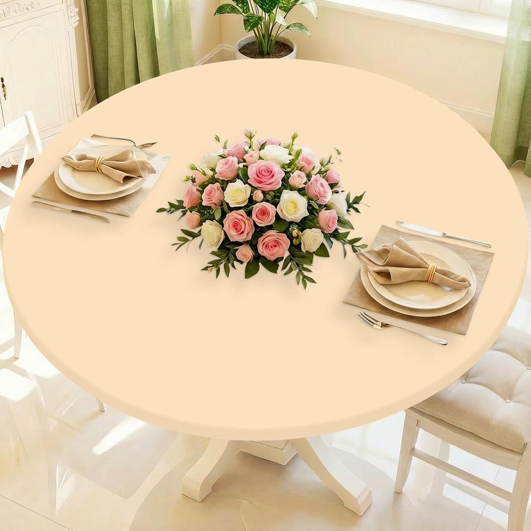 Round Spandex Tablecloth, Elastic Fitted Waterproof Tablecloths for 45"-56" Tables, Stretch Washable Picnic Table Cover for Camping, Dining, Indoor and Outdoor,Ivory