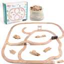 Qilay Wooden Train Track Set - 62PCS Track Expansion with 1 Bonus Magnetic Trains, Arched Bridge, Storage Bag, Compatible with All Major Brand Train Set for Kids 3+