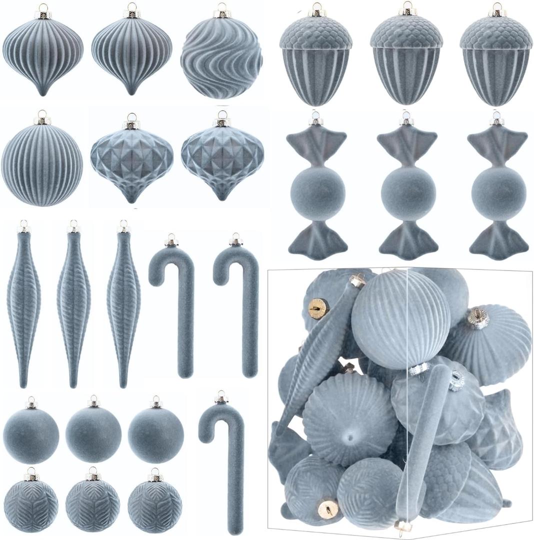 Velvet Ornaments for Christmas Tree Decorations - Dusty Blue Flocked Christmas Ornament Set for Winter Holiday Decor - Shatterproof Xmas Balls Ornaments Bulk - Pack of 24 (Grey)