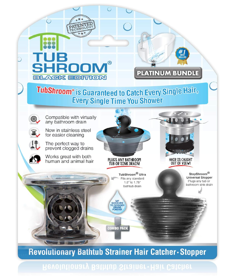 TubShroom Tub Drain Hair Catcher Combo Pack with Silicone Stopper, Black Chrome – Protector and for Bathroom Drains, fits any standard bathtub drain measuring 1.4” to 1.8” wide, Pack of 6