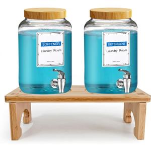 Laundry Detergent Dispenser,with Bamboo Stand 2 Sets 1 Gallon Glass Liquid Laundry Detergent Dispenser,for Bleach, Fabric Softener,Laundry Soap Dispenser,for Laundry Room Organization and Storage