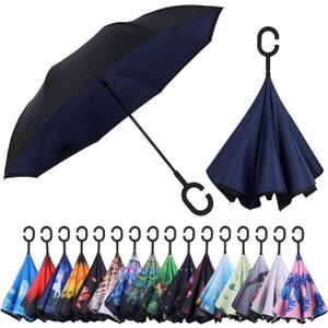 Inverted Umbrella, 49 Inch Double-Layer Vented Reverse Umbrella, Windproof Waterproof UV Protection, Lightweight C-Handle, Fiberglass Ribs, Steel Shaft, Travel/Commute/Car Use, With Sleeve (Navy-1)