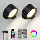 Wall Mounted Lights, 2 Pack Rechargeable RGB Color Changing Light, 3 Color Temps & Remote and Touch, 360° Rotation Dimmable Cordless for Study Bedroom Reading Bedside (Black)