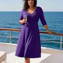 CLOCOR Women's Plus Size Midi Dress 3/4 Sleeve A-Line Swing Dress V Neck Flowy Casual Dresses (Purple, XXL)