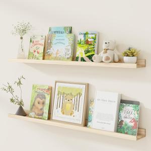 Fun Memories Picture Ledge Shelf, Pine Wood Floating Shelves Set of 2, 48 inch Nursery Book Shelves, Photo Ledge Book Shelves Wall Mounted for Living Room Kids' Room Bedroom - Natural, Flat Edge, 48inch, 2Pack