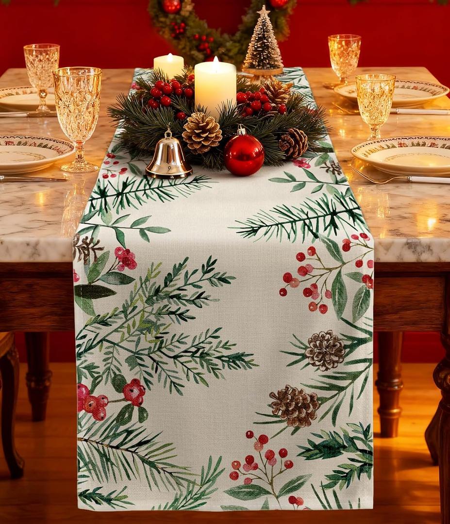 Christmas Table Runner Holly Berries - 13x72 Watercolor Winter Table Runner with Holly Pine Cone Needle Xmas Decor, Vintage Farmhouse Rustic Winter Decoration for Home Kitchen Dinner Party