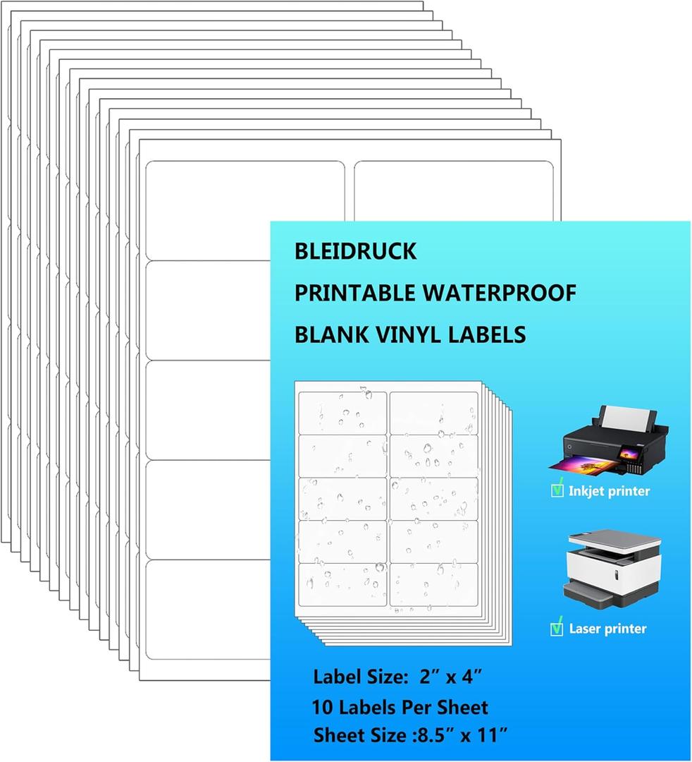 10 UP Shipping Labels 2"4" Glossy White Printable Waterproof Bottle Lables Rectangle Vinyl Sticker Paper for Inkjet or Laser Printer 150 Total Adhesive Labels