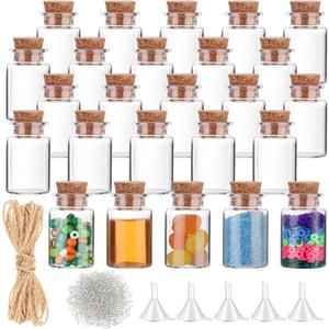 Bokon 25 Pack Mini Plastic Bottles with Corks Stoppers Eye Screws Funnels Small Potion Bottles Tiny Clear Sand Art Jar Wishing Vial for Birthday Party DIY Crafts Gift
