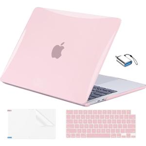 EooCoo Compatible with MacBook Air 13 inch Case M5 2026-2022 M4 M3 M2 Model A3449 A3240 A3113 A2681, Mac Air 13.6 inch Hard Shell & Keyboard Cover & Screen Film & Type-C, Crystal Pink