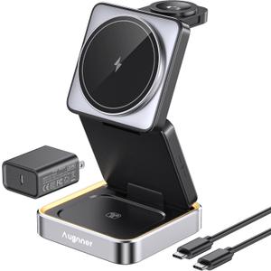 【2026 Upgraded】Wireless Charger 3 in 1, Foldable Wireless Charging Station with Night Light for Apple MagSafe Charger, Travel Magnetic Charger Stand, Nightstand Fast 15W Charging Station (20W Adapter)