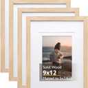 KINLINK 9x12 Picture Frames Natural, Solid Wood Frames with Acrylic Plexiglass for Pictures 5x7/ 6x8 with Mat or 9x12 without Mat, Tabletop and Wall Mounting Display, Set of 4