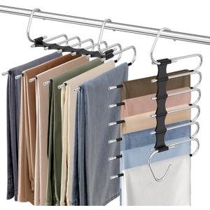 Upgrade 6 Layers Pants Hangers Space Saving, 2 Pack Stainless Steel Multifunctional Pants Rack Non Slip S-Type Pant Closet Organizer Hangers Space Saver for Pants Leggings Jeans Trousers Scarf, Black