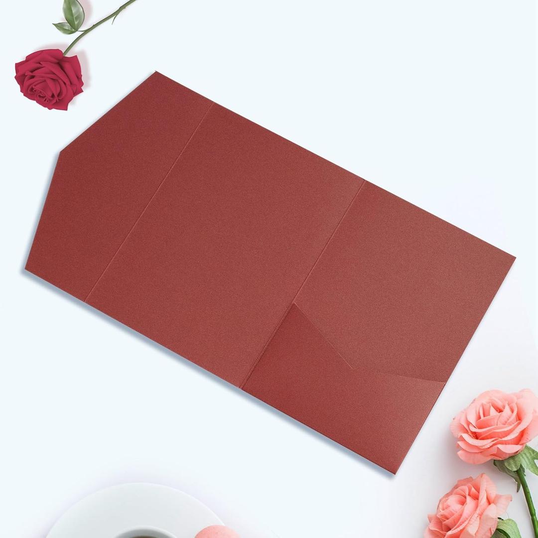 25 Pieces A7 Pocket Invitations (5.12 x 7.09) Trifold Wedding Invitation Cards for 5x7 Invites Wedding Bridal Shower Engagement Birthday Sweet 16 (Pearl Burgundy) (Pearl Burgundy)