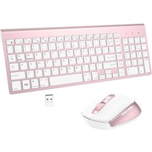 Wireless Keyboard and Mouse Combo, GALENMORO Ergonomic Compact Slim Portable Silent USB Quiet Thin for Windows Computer Desktop PC Laptop - Pink