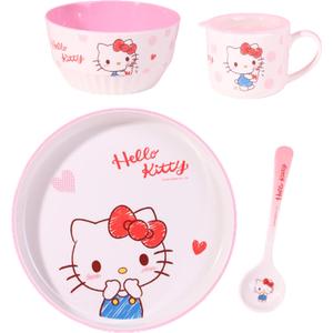Hello Kitty Heart Cute Pink Dinnerware Flatware Meal Set Plate Bowl Cup Spoon, 4 pieces