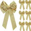 WILLBOND 6 Pcs Large Bow Glitter Christmas Bows Hanging Holiday Xmas Bows for Christmas Wreaths Decoration or Tree Toppers Indoor Decor Party Supply, 9.8 x 17.7 Inch (Gold)