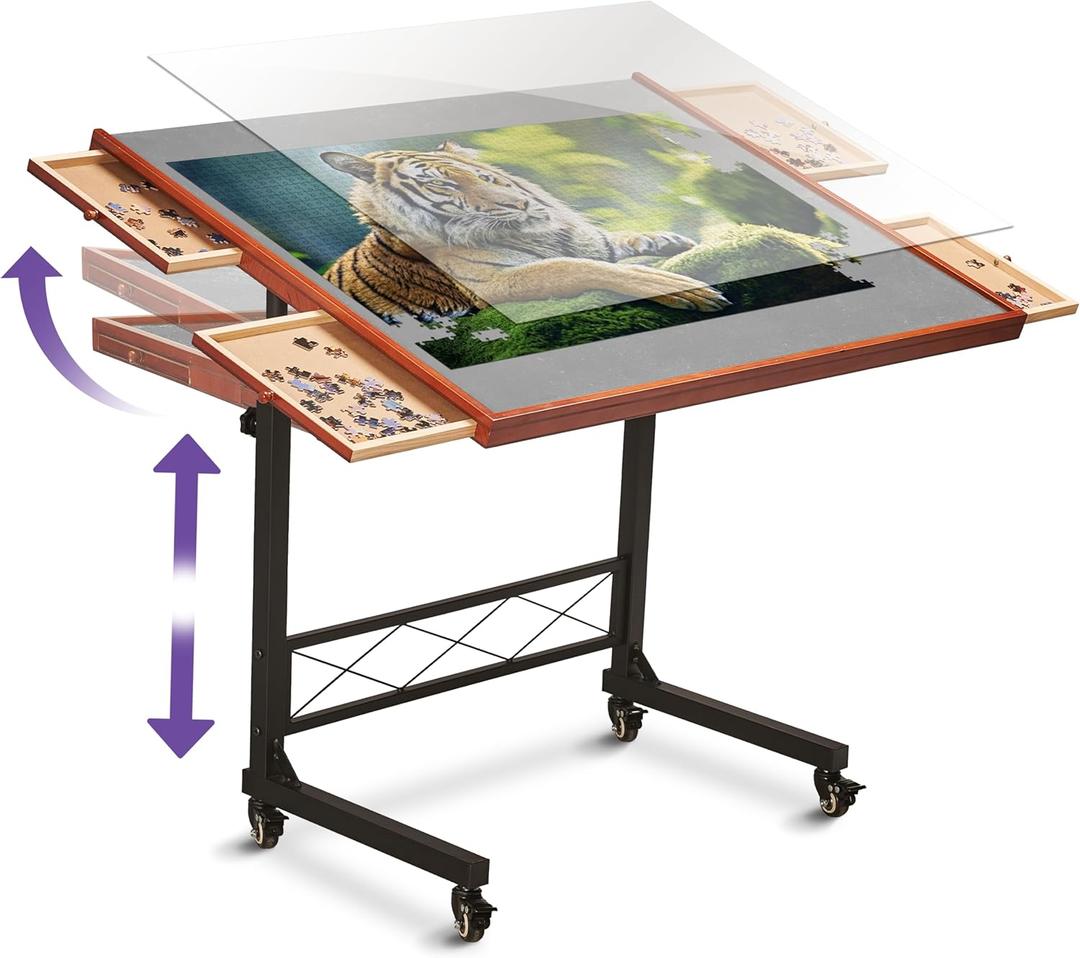 JoyBerri Jigsaw Puzzle Table/Rolling Desk - 1500 Piece Puzzle Board/Portable Jigsaw Tables with Drawers and Legs - Height Adjustable for Adults and Kids