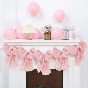 Pink Bow Garland Banner for Coquette Birthday Pink Bow Party Hanging Swirls Decorations for Baby Shower Bridal Shower Bachelorette Party Decor