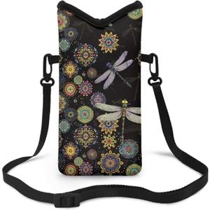 Neoprene Small Crossbody Bag with Adjustable Strap Water-Resistant Portable Cellphone Pouch for Travel, Outings (Boho Flower Dragonfly Black)