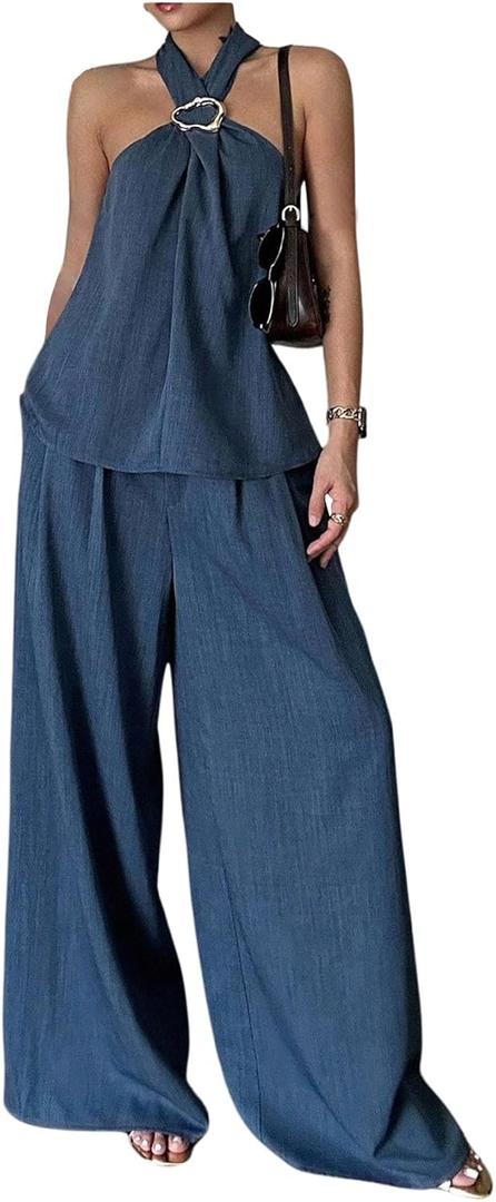SweatyRocks Women's 2 Piece Outfits Halter Tank Top Blouse and Wide Leg Pants Matching Sets (Large, Blue)