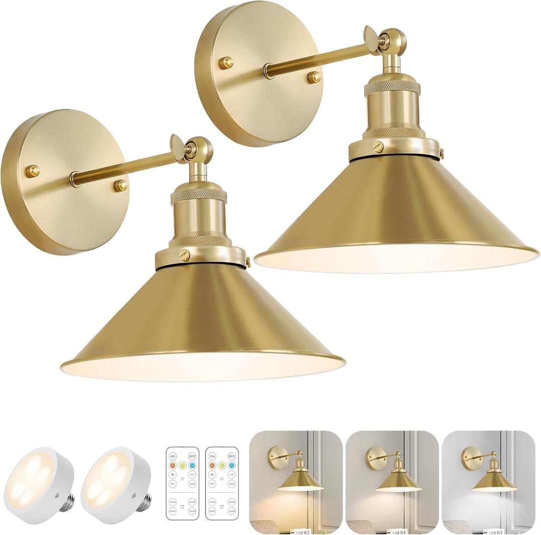 Gold Vintage Wireless Battery Operated Wall Sconces, Industrial Cordless Battery Powered Led Wall Lights Set of 2, Wall Lamp Fixture Indoor with Remote Control for Bedroom Farmhouse Gallery