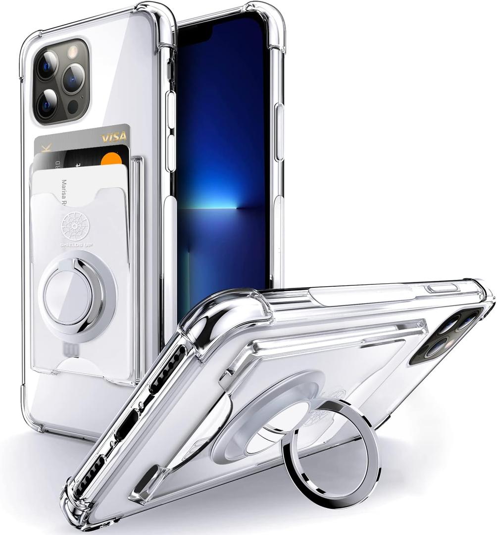 Shields Up Designed for iPhone 12 Case/iPhone 12 Pro Case, Minimalist Wallet Case with Card Holder [3 Cards] & Ring Stand, Slim Protective Cover for Apple iPhone 12/12 Pro (6.1 inch) - Clear
