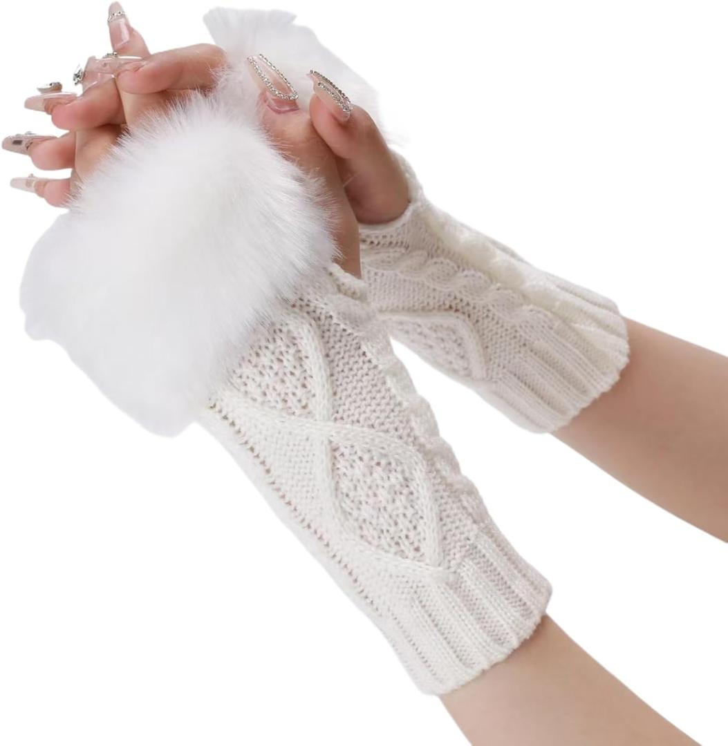 Sumleno Arm Warmers Fingerless Winter Gloves Faux Fur Cable Knit Warm Gloves Wrist Warmers with Thumb Hole