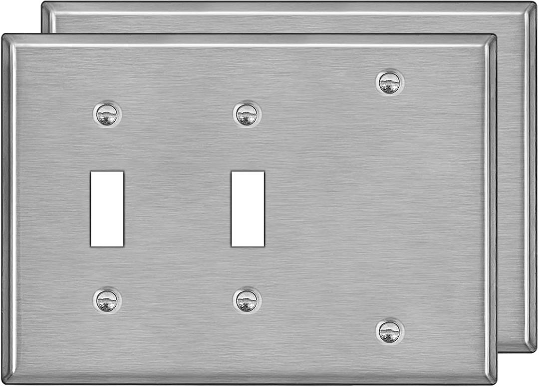 BESTTEN 3-Gang Combo Metal Wall Plate with hite or Clear Plastic Film, 1-Blank/2-Toggle, Standard Size, Corrosion-Resistant Stainless Steel Light Switch Cover, Brushed Finish, 2 Pack, Silver