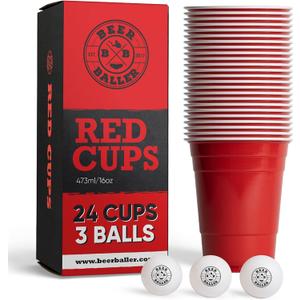 Red Cups Set - 24 Red Party Cups & 3 Balls | 16oz | Dishwasher Safe & Reusable
