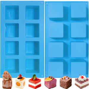 Sidosir 2Pcs 2inch Square Cube Silicone Mold for Mousse Cake, French Dessert Molds for Chocolate Brownie Bites, Brownie, Ice cream, Truffle, Jelly (Blue)